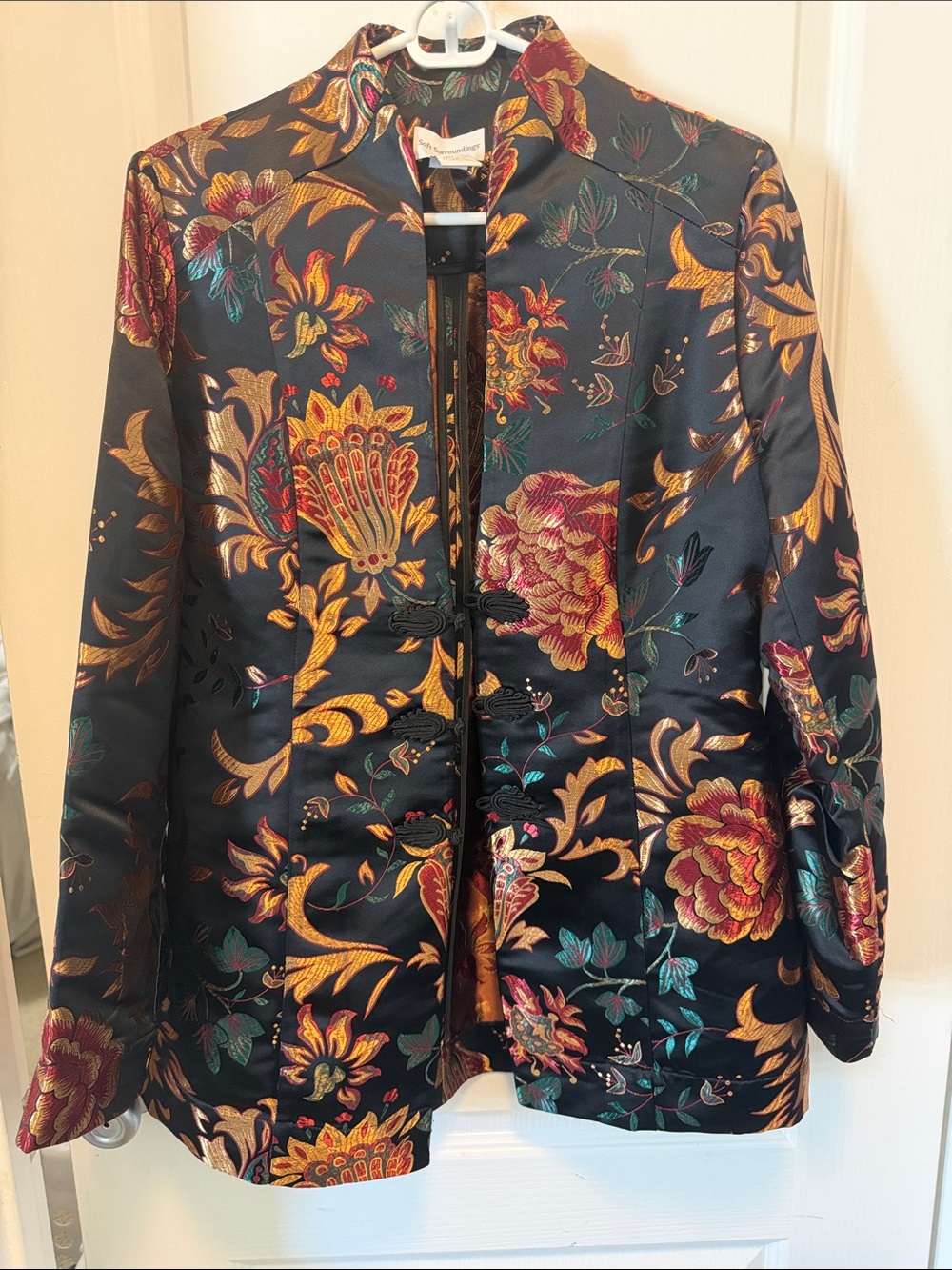 Soft Surroundings Black Floral Jacquard Mandarin Jacket